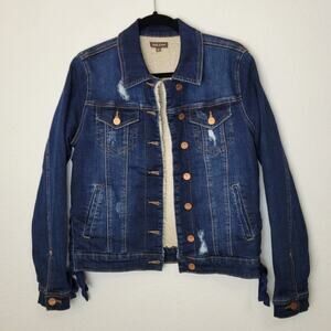 DEAR JOHN Sherpa Lined Lace Up Side Distressed Denim Jean Jacket Size Small